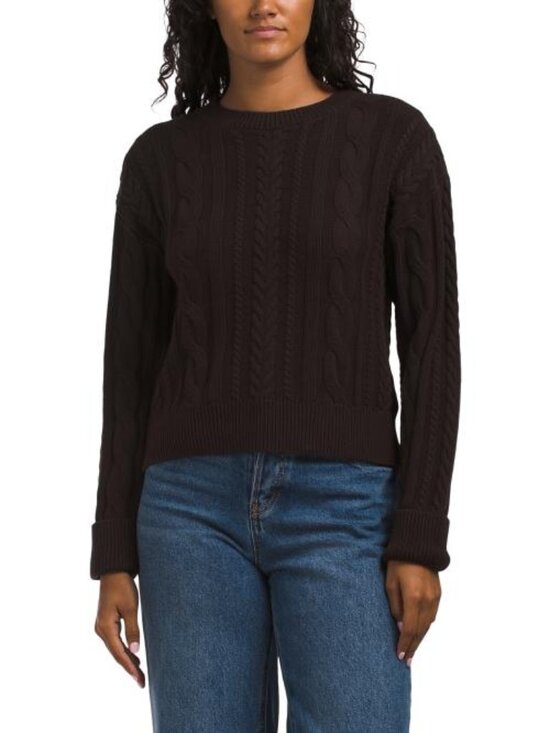 Nicole Miller New York Sweaters - NICOLE MILLER NEW YORK Cotton Crew Neck Cuffed Long Sleeve Cable Pull Over Sweat